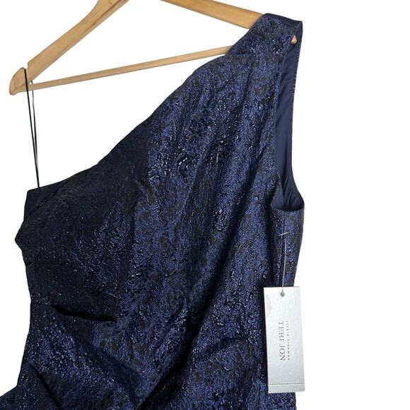 Rickie Freeman Teri Jon Navy One-Shoulder Jacquard Side-Ruffle Evening Gown 16 - Picture 9 of 14